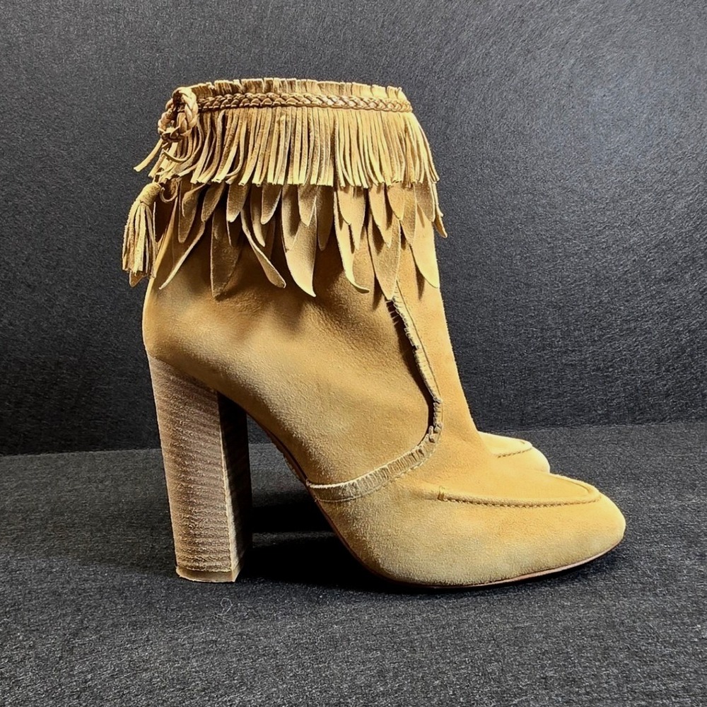 Aquazzura Fringe Ankle Boots EU 38 US 8 Camel Suede Tassel Western Boho Festival